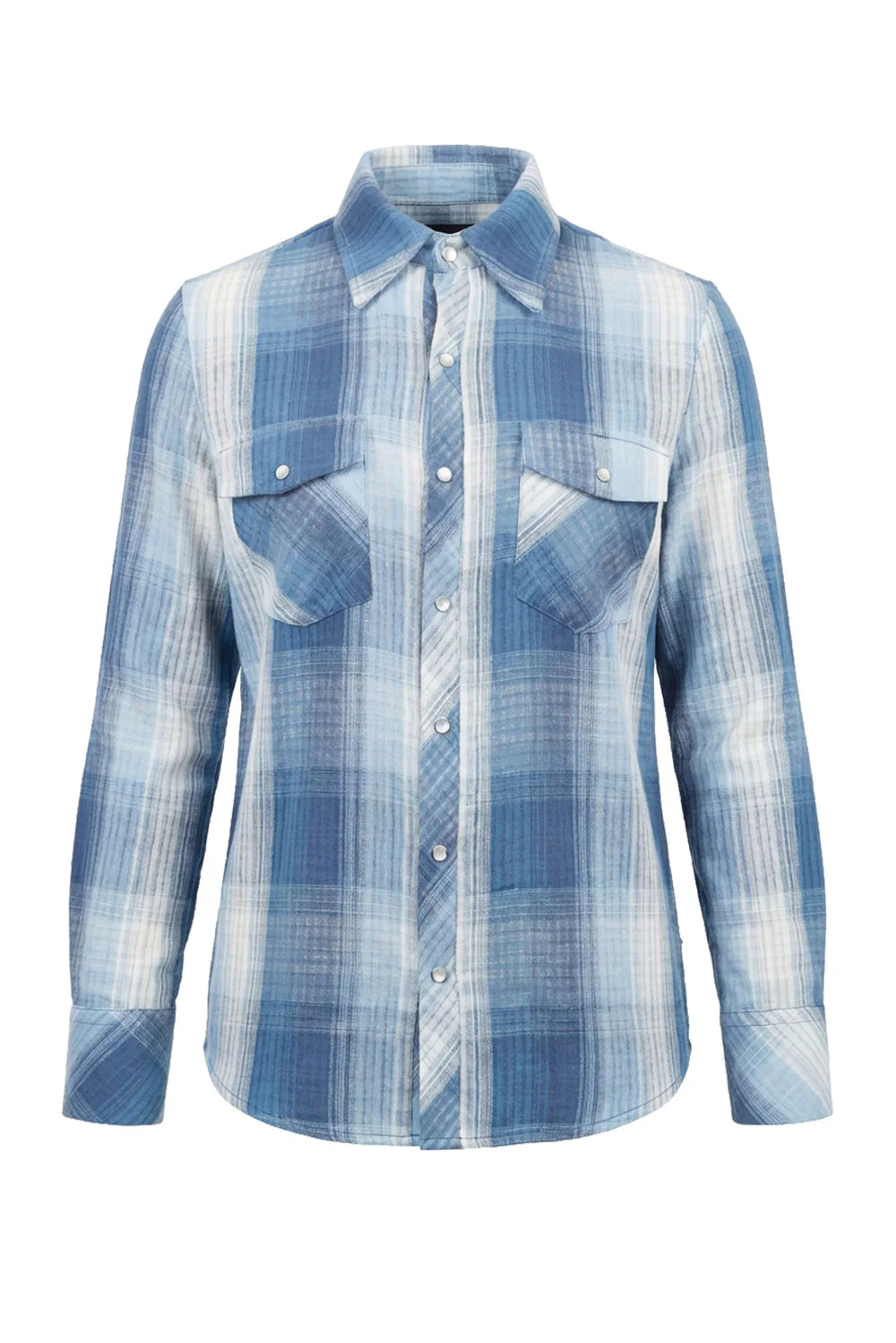 The Le Superbe Blue Jean Western Plaid shirt is a classic long-sleeve with a blue and white plaid pattern, a collared neckline, and two flap chest pockets for timeless western style.