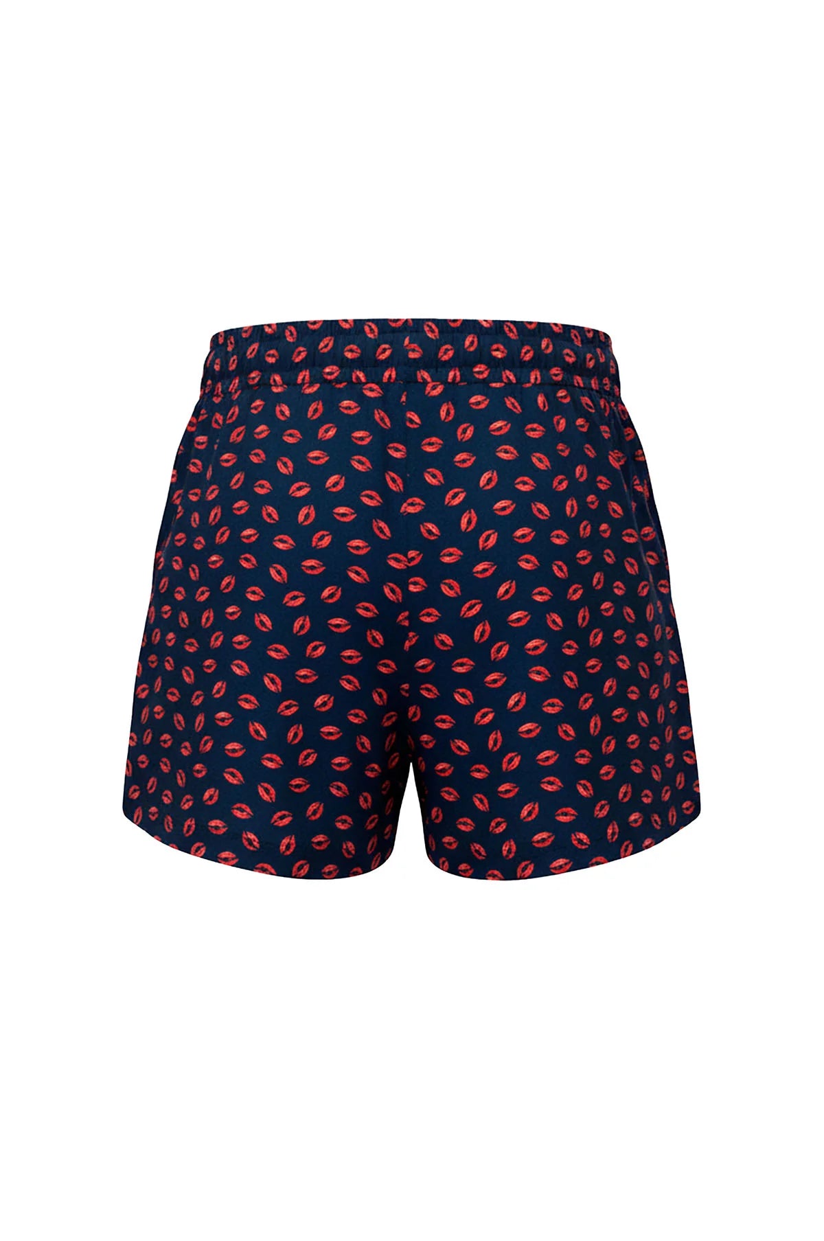 The Many Kisses Boxer by Le Superbe features an elastic waistband and lightweight navy blue fabric with a playful all-over red kiss print, shown against a plain white background.