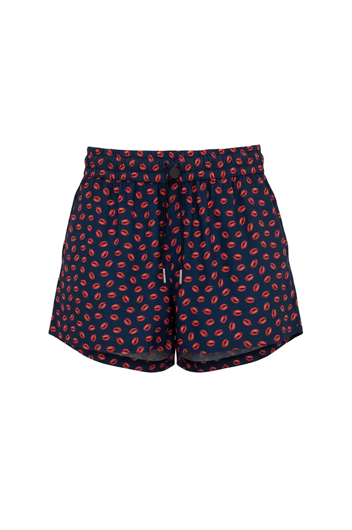 The Many Kisses Boxer by Le Superbe features an elastic waistband, drawstring, and is crafted from lightweight navy fabric adorned with a playful red lips print.