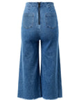 Back view of Le Superbe’s Its a Wrap Pant: wide-leg cropped denim culottes with a high waist, raw frayed hems, two back pockets, and a visible black zipper at the waistband.