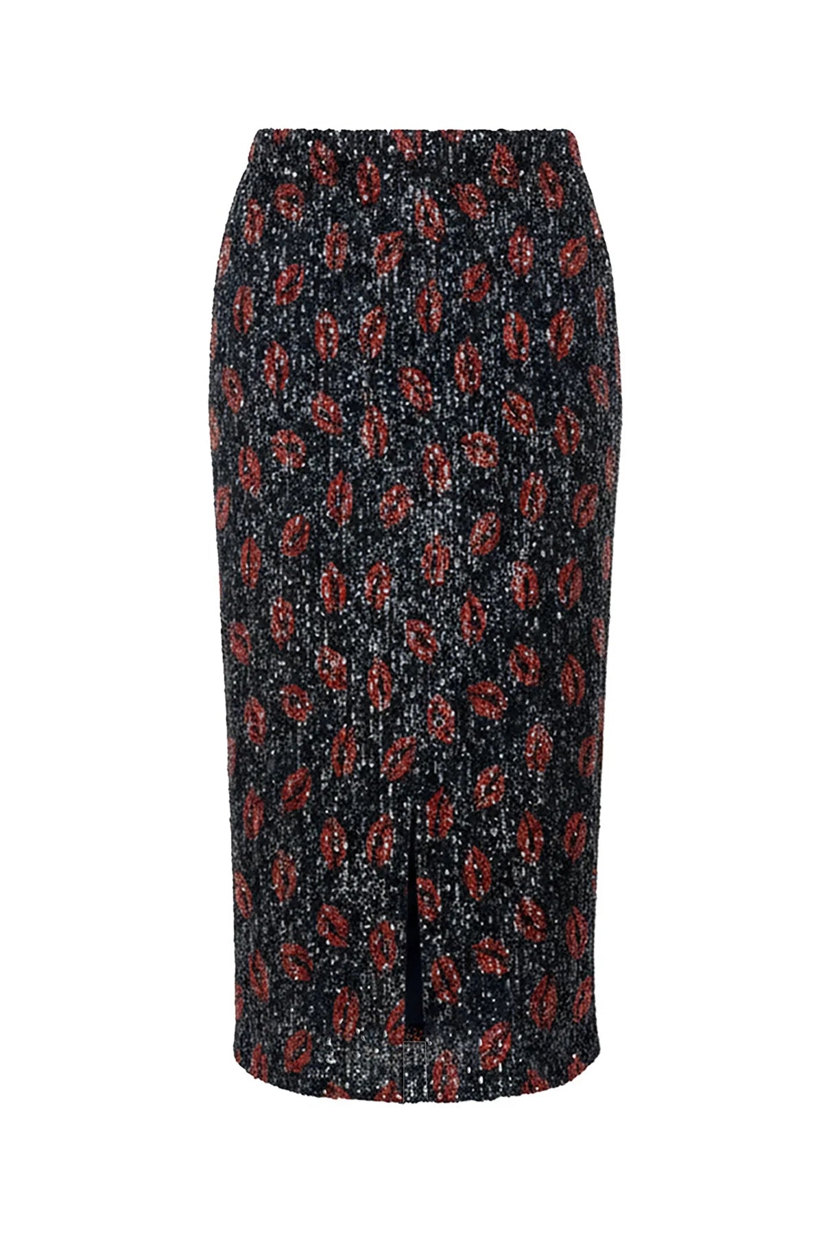 The Le Superbe Liza Lip Gloss Sequin Skirt is a knee-length black pull-on skirt with a red and gray abstract pattern and a front slit.