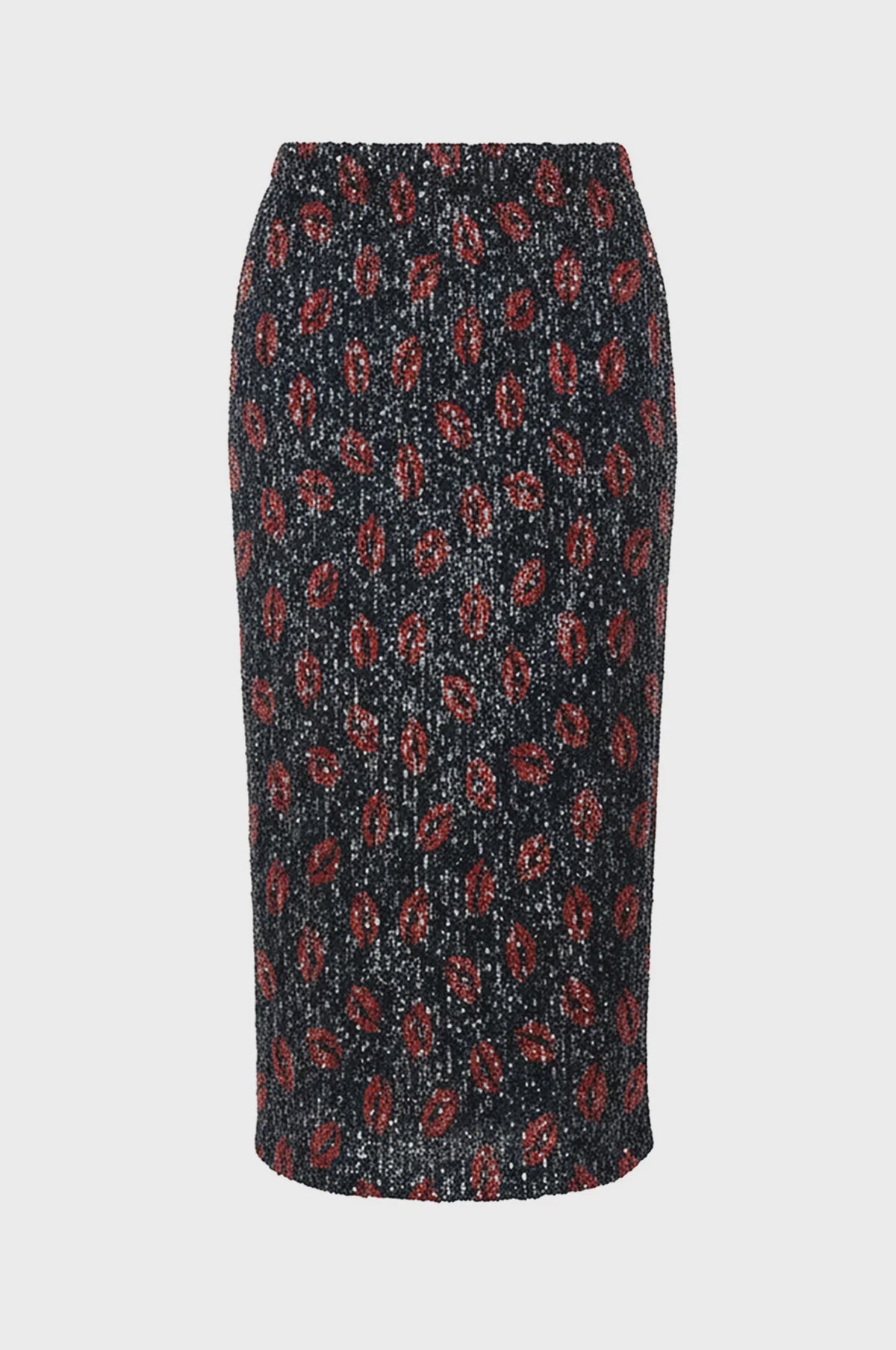 The Liza Lip Gloss Sequin Skirt by Le Superbe is a knee-length, pull-on midi with textured black fabric and red and white floral or leaf patterns.