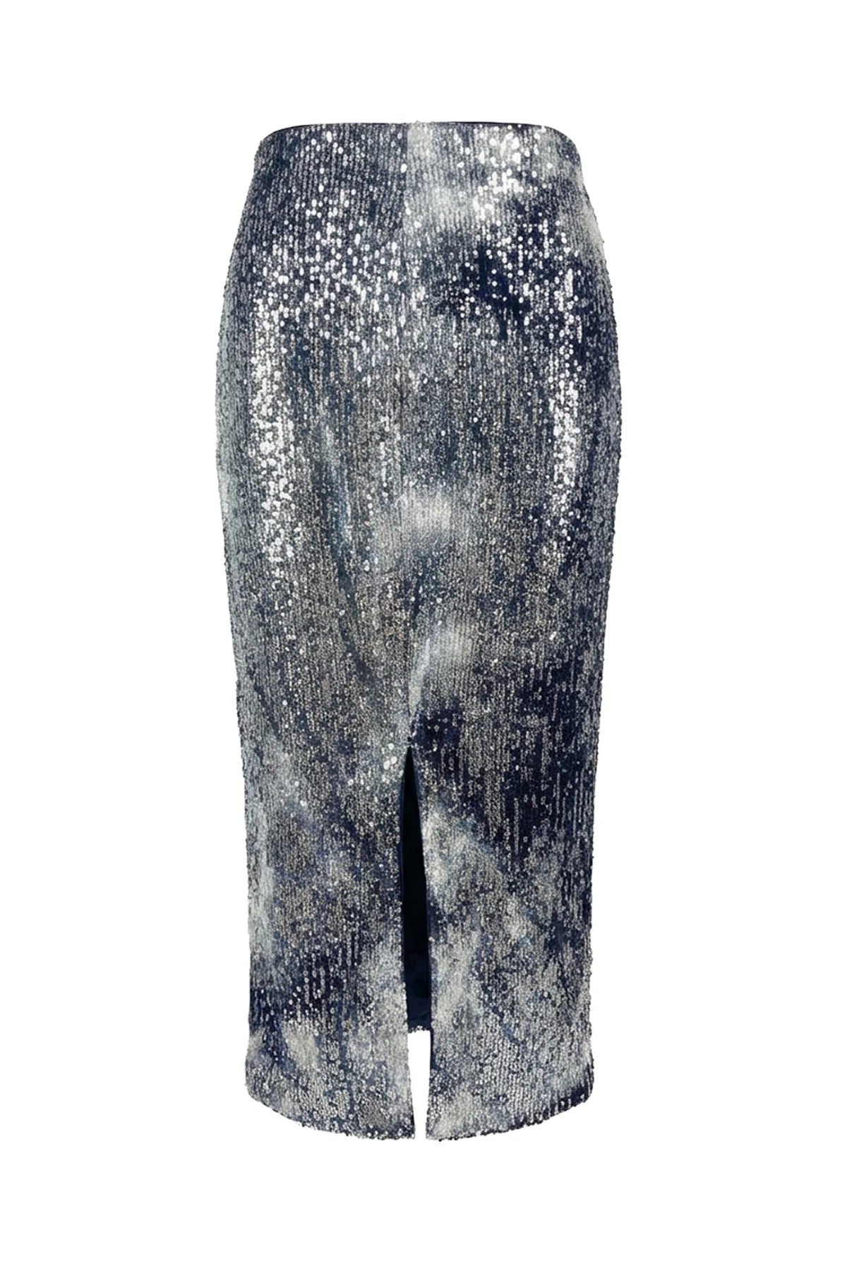 The Liza Sequin Skirt by Le Superbe is a knee-length, high-waisted midi skirt with a front center slit and a shimmering metallic finish.