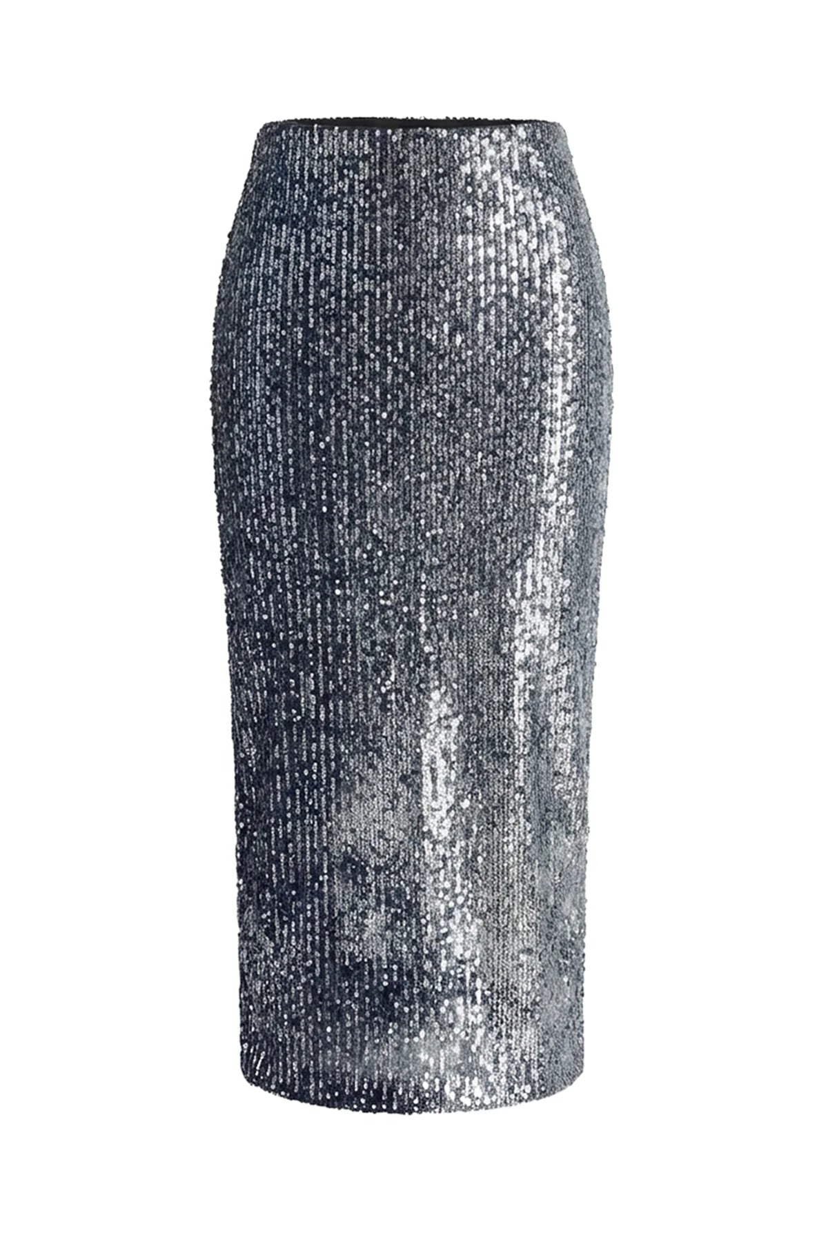 The Liza Sequin Skirt by Le Superbe is a high-waisted, knee-length midi skirt adorned with shiny silver sequins for a sparkling, reflective look.