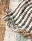 The Loma Matelasse OS Throw by Coyuchi Inc features beige, brown, gray, and light green stripes with a crinkled texture and frayed edges. Made from organic cotton, this eco-friendly throw adds a soft, rustic touch to any space.
