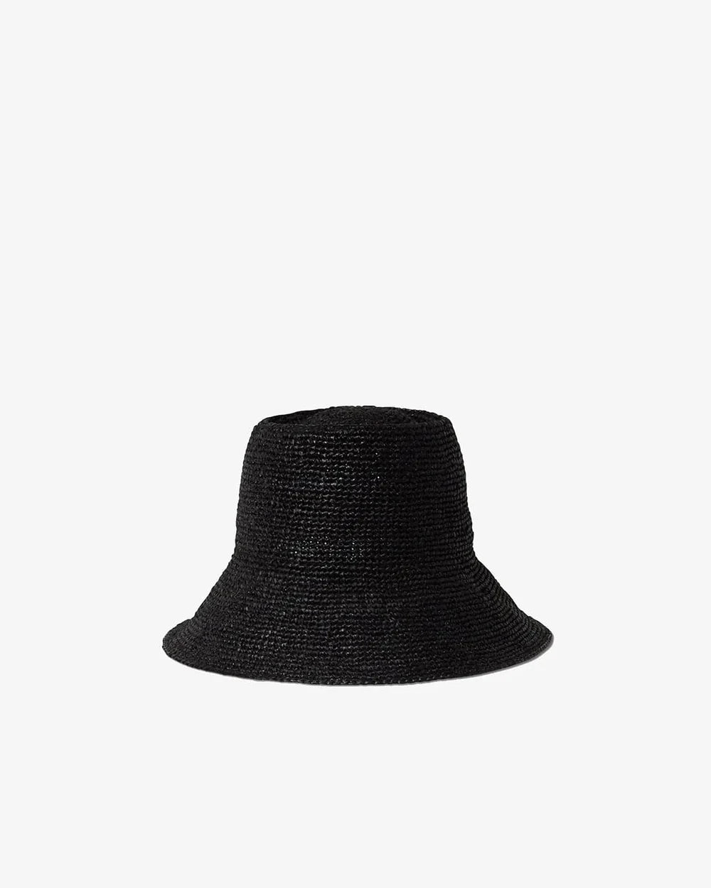 The FELIX BUCKET by Janessa Leone is a black raffia bucket hat featuring a slightly flared brim, shown against a plain white background.