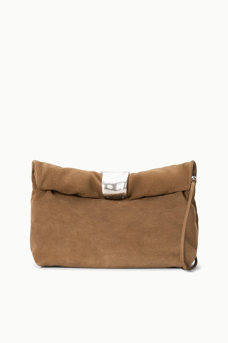 Cigar suede clutch with fold-over top, metallic clasp, and draped metal cuff by Staud.