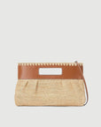 The Staud Lena Raffia Clutch features a rectangular straw design with brown leather trim, scalloped edges, a cutout handle, and detachable wrist strap. Its woven texture and neutral tones make it versatile for any outfit.