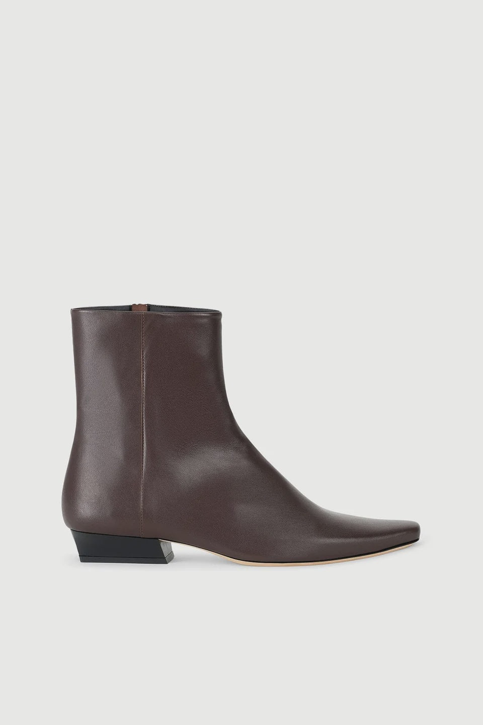 Dark brown pointed-toe ankle boot in lamb leather with low angled heel, Staud Wally Sock Flat.