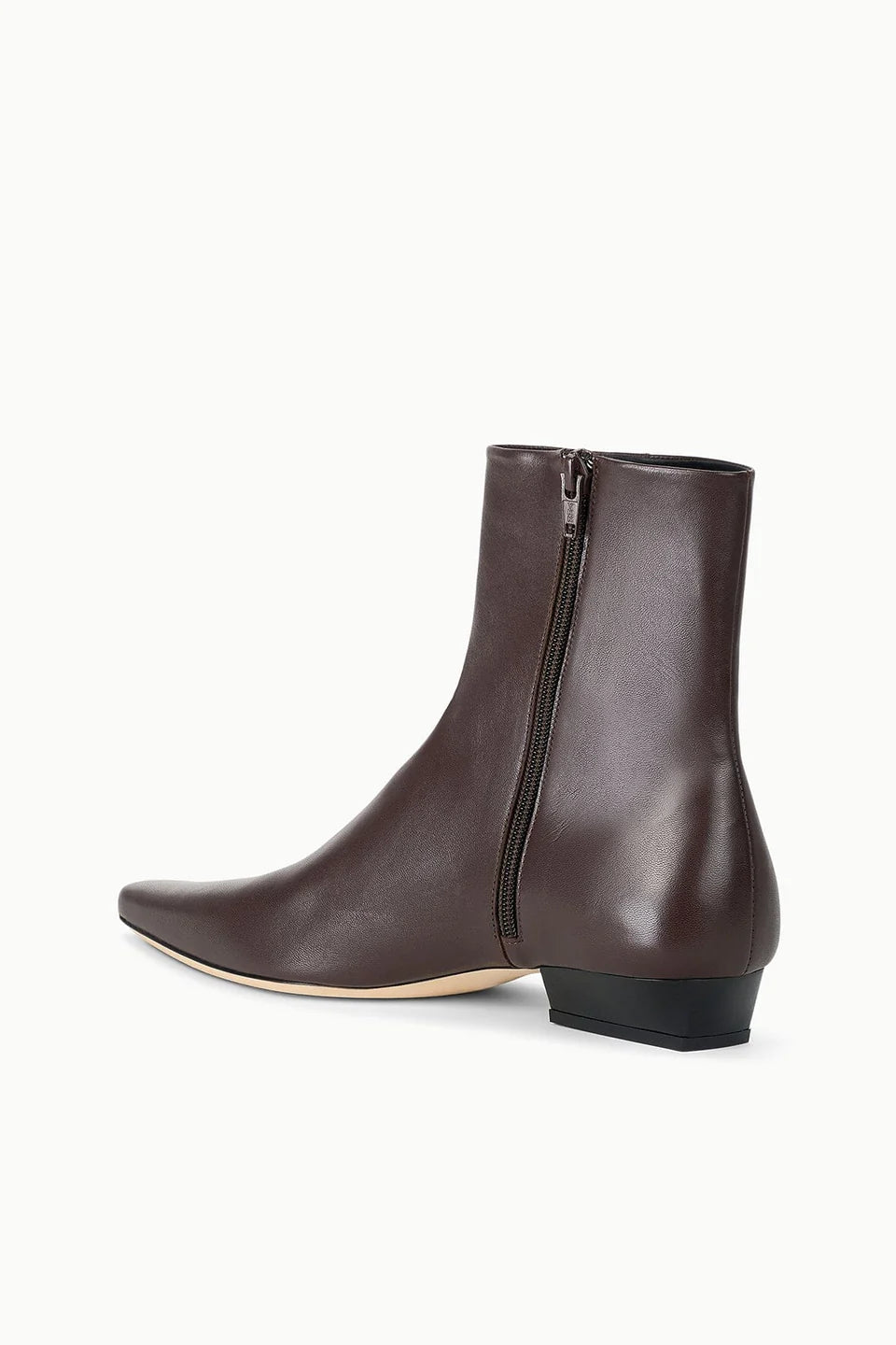 Brown lamb leather ankle boot with pointed toe, side zipper, and low square heel by Staud, Wally Sock Flat style.