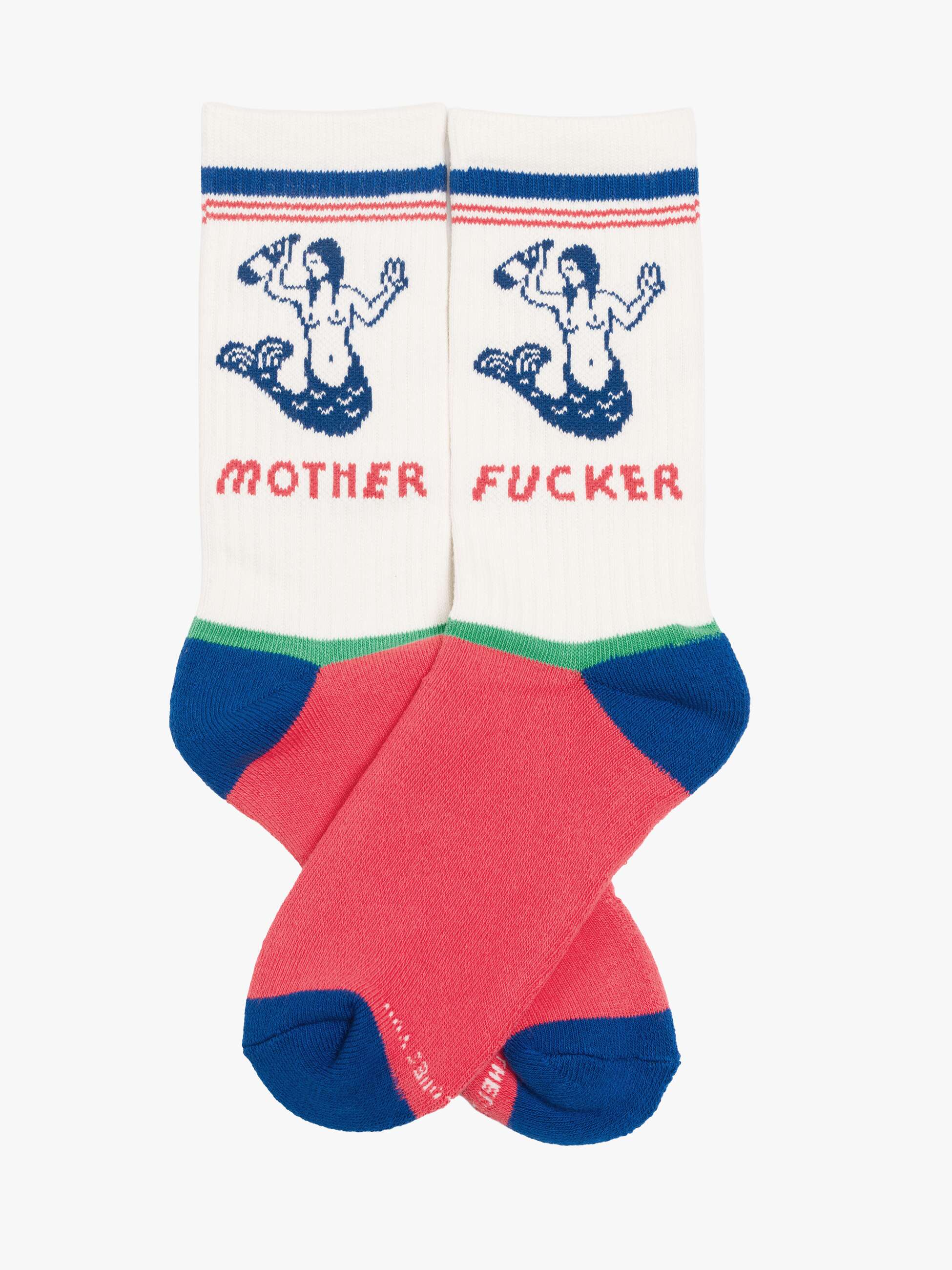The Half-Calf Swim Club socks by Mother: white tube socks with red, green, and blue accents, bold mermaid graphic, and "MOTHER" on one sock and "FUCKER" on the other.