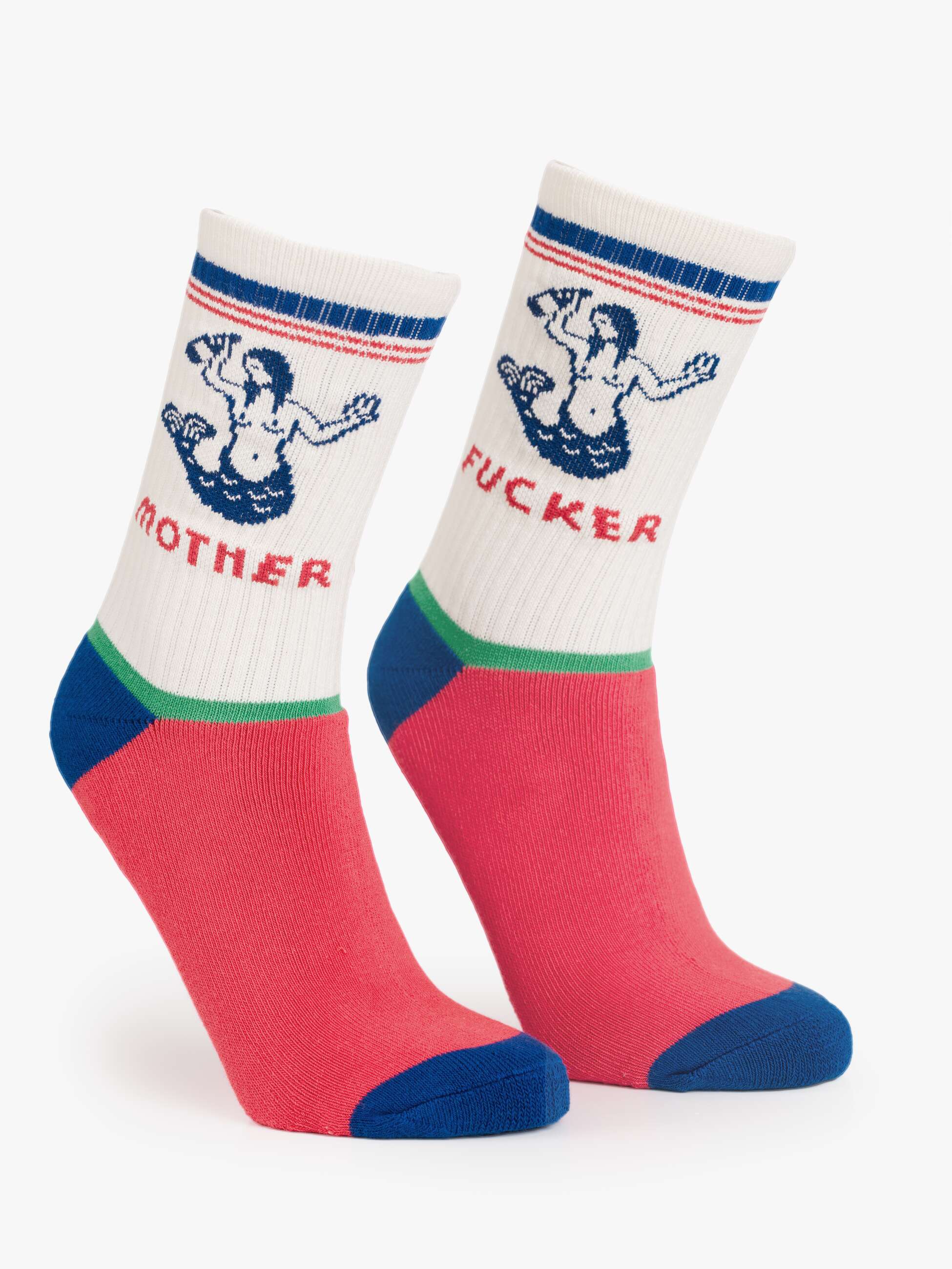 The Half-Calf Swim Club socks by Mother feature white tube socks with red and blue stripes, bold topless mermaid graphics, “MOTHER FUCKER” text split between the pair, and red feet with green and blue accents.