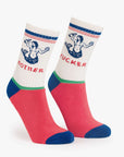 The Half-Calf Swim Club socks by Mother feature white tube socks with red and blue stripes, bold topless mermaid graphics, “MOTHER FUCKER” text split between the pair, and red feet with green and blue accents.