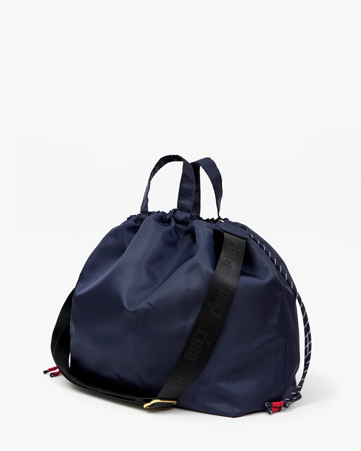 Navy drawstring bag with handles and adjustable strap by Clare Vivier, Sac Tout Navy, available at Bungalow Furniture.
