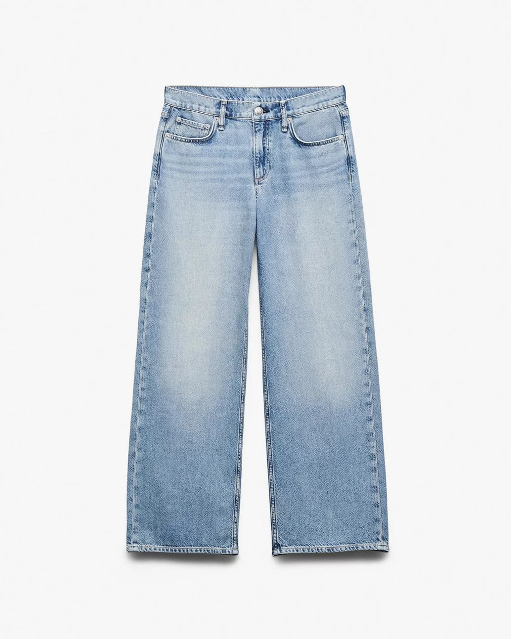 The Rag & Bone ftwt saige ankle straight jeans feature a light blue wash, high-rise waist, straight-leg fit, featherweight denim, classic five-pocket design, and button-zip closure, shown laid flat on a white background.