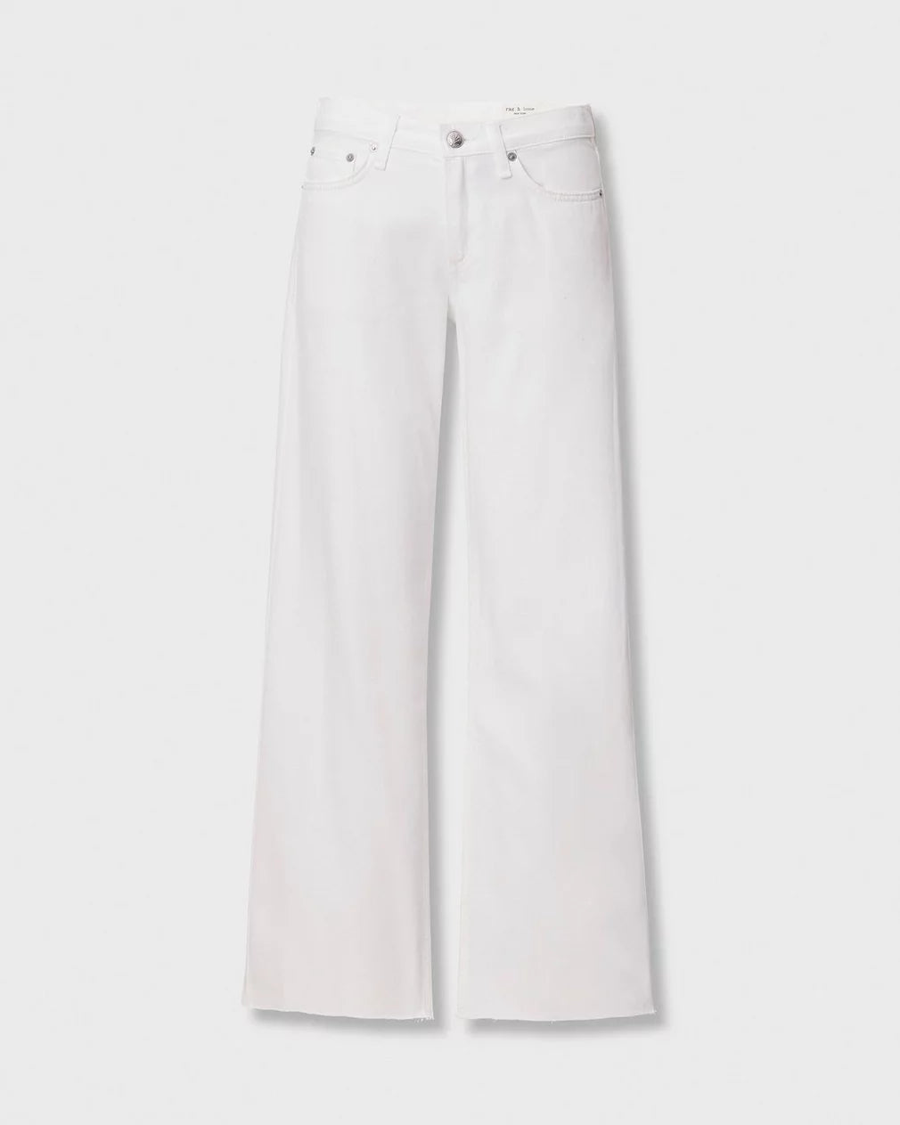 Rag & Bone ftwt saige full straight jeans: high-waisted, wide-leg white denim with front and back pockets, displayed on a plain light background.