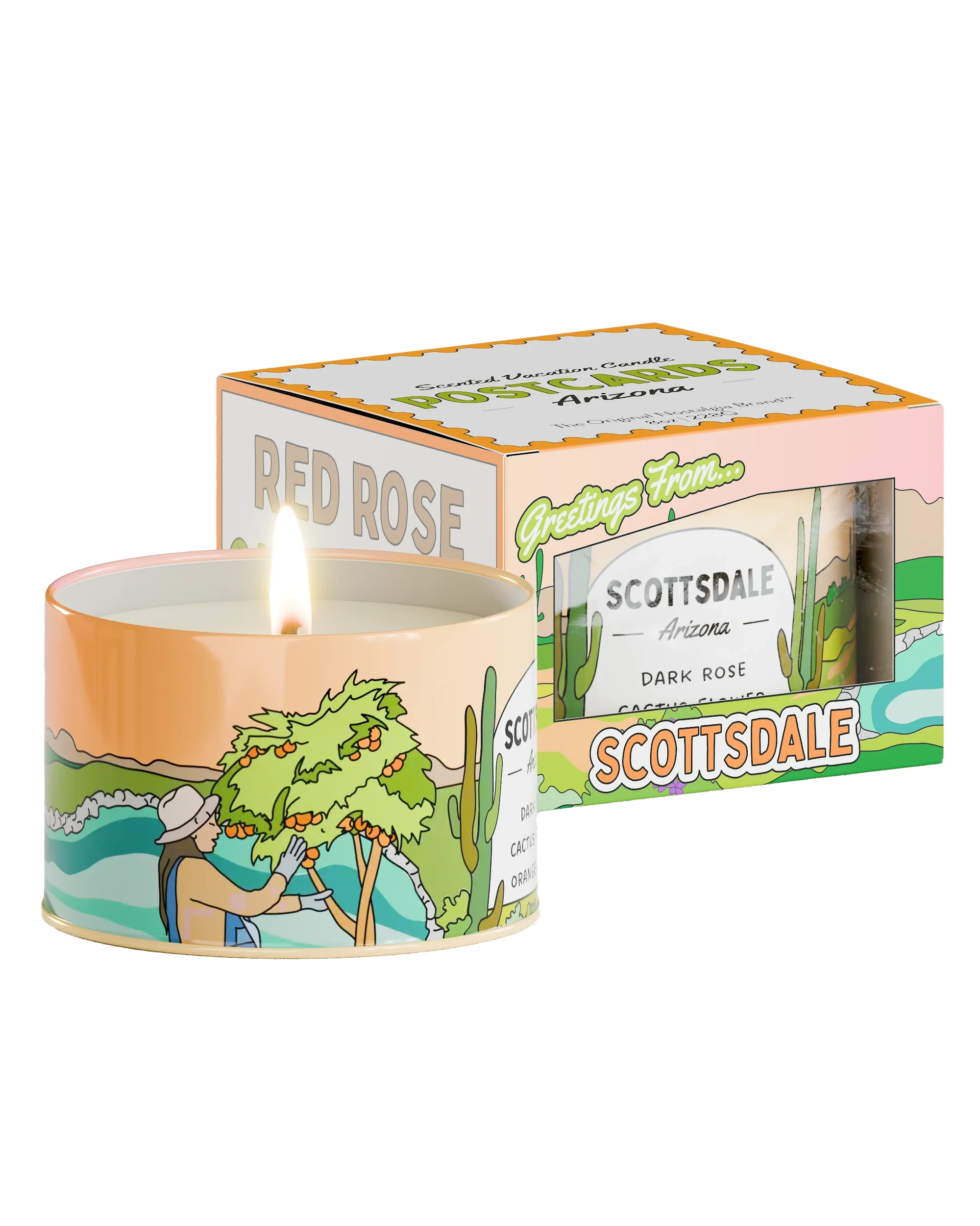 A Postcards Candle in a decorative container featuring cartoon-style images of cacti and a person picking roses. The box behind it reads &quot;RED ROSE SCOTTSDALE&quot; and is adorned with similar illustrations under the phrase &quot;Greetings From Scottsdale, Arizona.&quot; Perfect for evoking the charm of Scottsdale, Arizona.