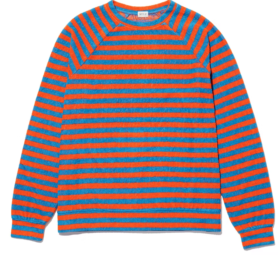 A long-sleeved, cotton-blend Kule Terry Franny sweatshirt with horizontal stripes in bright blue and red, displayed on a plain white background. The tag indicates size XL.