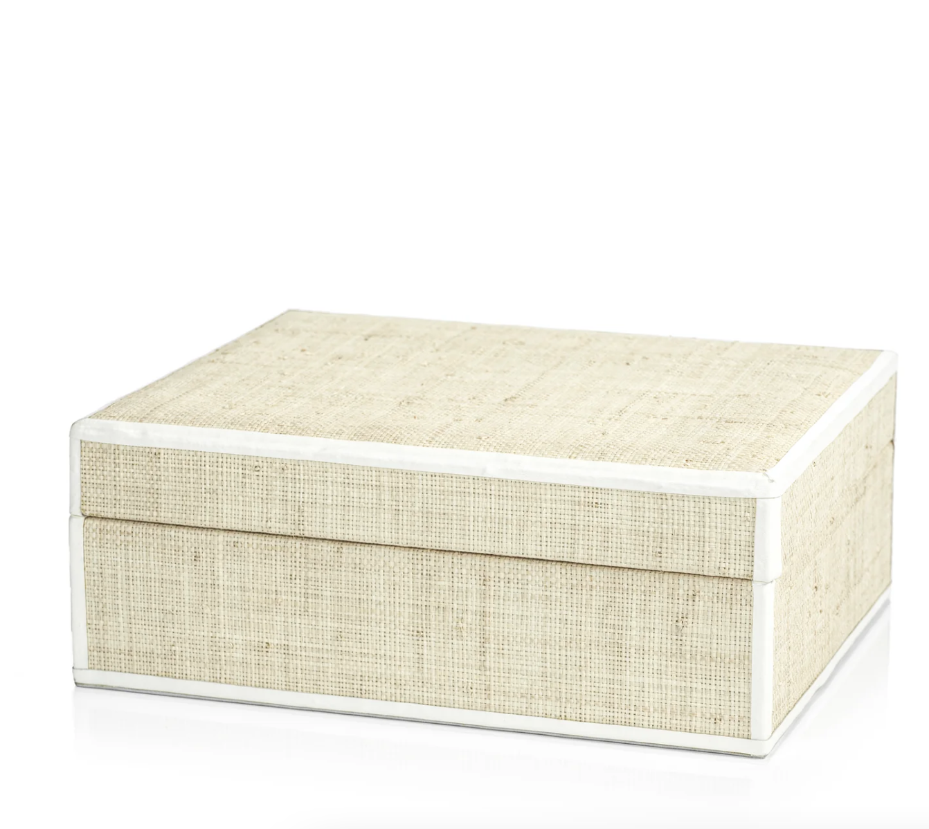 A rectangular beige linen Zodax Raffia Box with Leather Trim Large, with a lid, isolated on a white background, perfect for a bungalow in Scottsdale, Arizona.