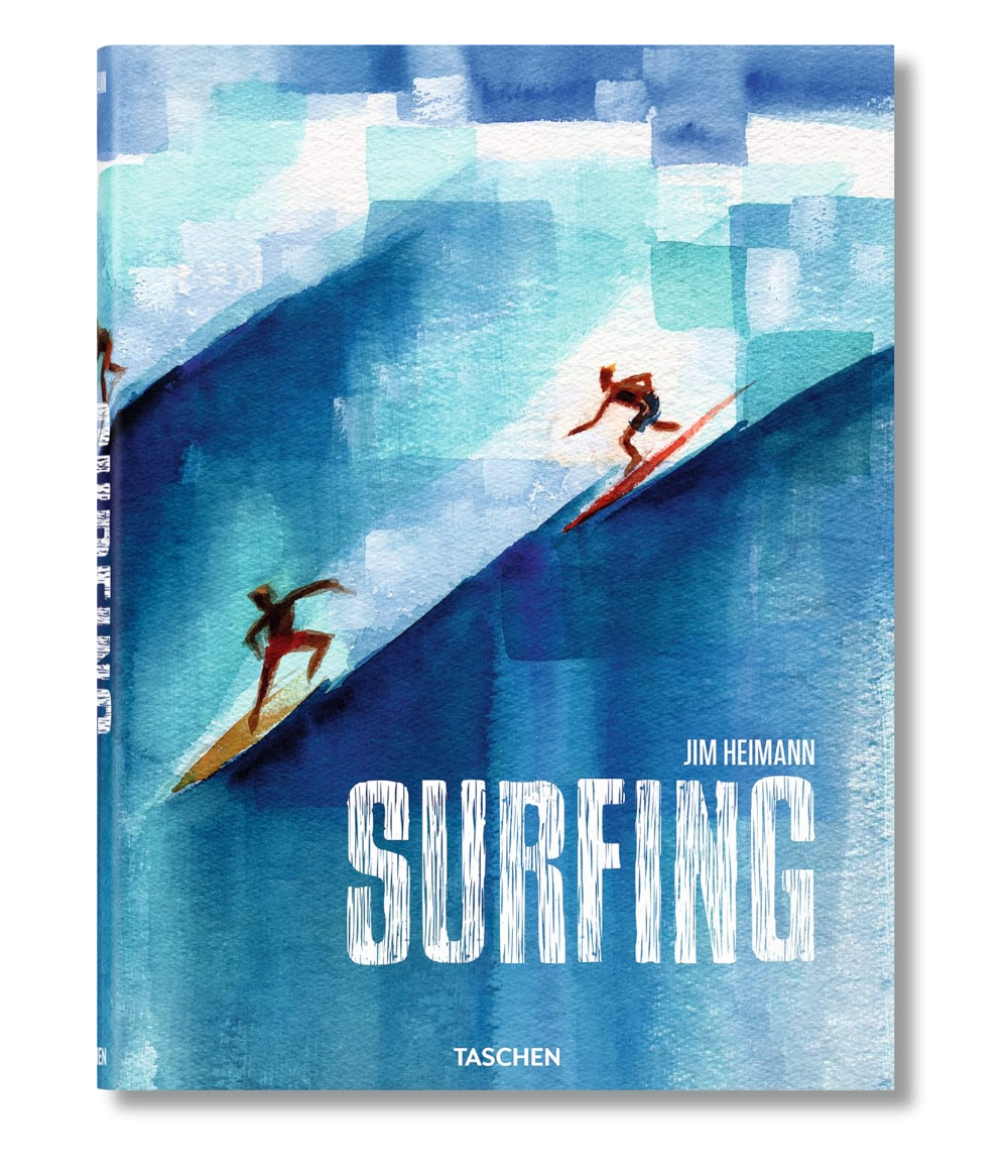 Book cover titled "Breitling Book of Surfing" by Jim Heimann, published by Random House, featuring an artistic watercolor illustration of three surfers riding large blue waves near a Scottsdale Arizona-themed bungalow.