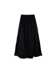 A navy blue Delia Maxi Skirt with high slits and an elastic waistband, displayed against a white background by Mikoh.