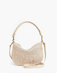 A beige, woven shoulder bag with gold-tone hardware is displayed against a white background. The Petit Moyen Messenger by Clare Vivier features adjustable crossbody straps and a short handle, providing versatility in carrying options.