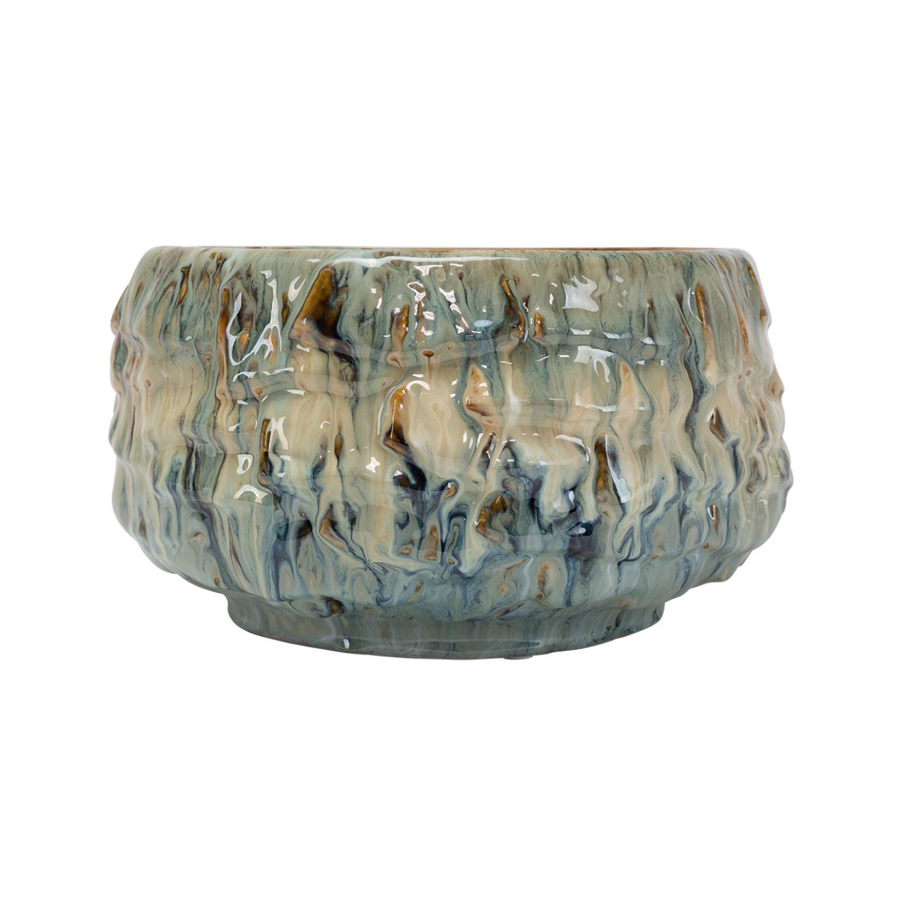 A Bremen Bowl from The Import Collection with a textured, glossy glaze in shades of blue, gray, and brown reminiscent of Scottsdale Arizona&#39;s desert landscape. The bowl has a wavy, irregular rim and a rustic finish, isolated on a white background.