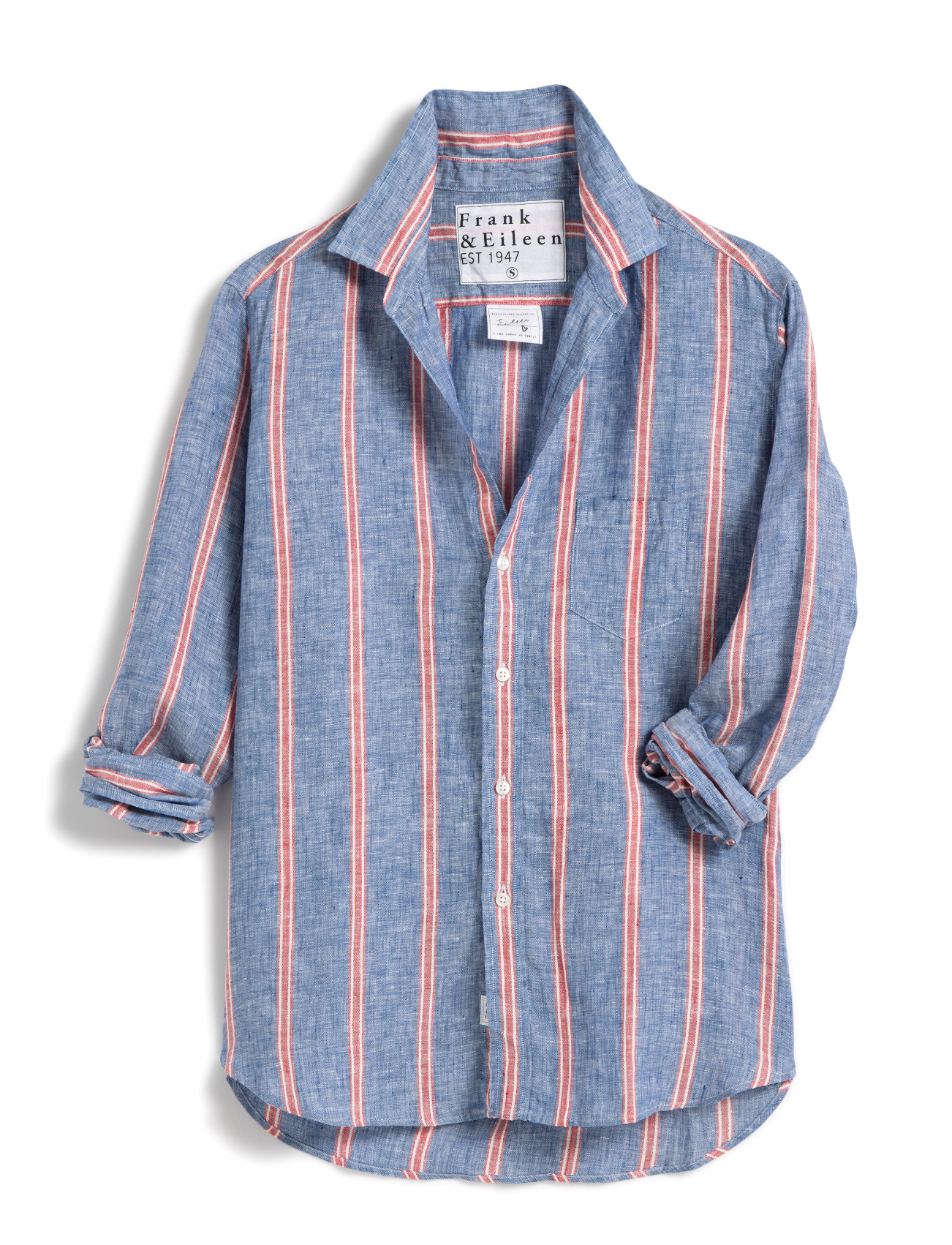 The Eileen Shirt from Frank & Eileen features a blue background adorned with red and white vertical stripes, rolled-up sleeves, and a curved hem. Crafted from 100% linen, this relaxed-fit shirt includes a white label inside the collar that reads "Frank & Eileen EST. 1947." The shirt is displayed laid flat on a white background.