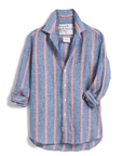 The Eileen Shirt from Frank & Eileen features a blue background adorned with red and white vertical stripes, rolled-up sleeves, and a curved hem. Crafted from 100% linen, this relaxed-fit shirt includes a white label inside the collar that reads "Frank & Eileen EST. 1947." The shirt is displayed laid flat on a white background.