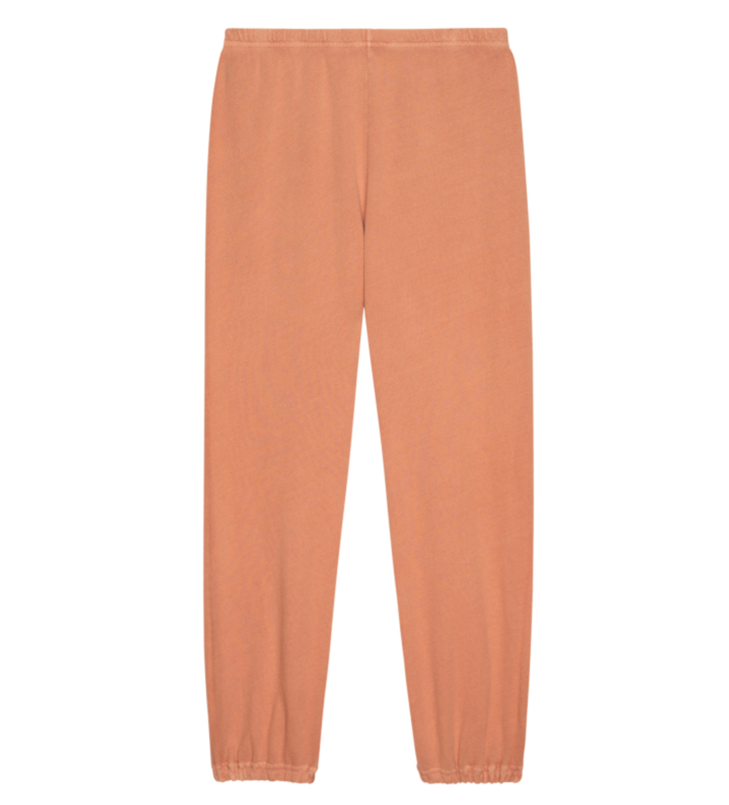 Introducing The Stadium Sweatpant by The Great Inc., a pair of peach-colored sweatpants with an elastic waistband and elastic cuffs at the ankles. These vintage athletic wear-inspired pants have a simple, casual design with no visible logos or pockets.