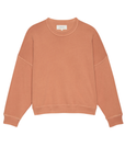 The Teammate Sweatshirt by The Great Inc. is a plain, long-sleeved, peach-colored vintage sweatshirt with a crew neck. The handcrafted piece features dropped shoulder seams and ribbed cuffs, hem, and neckline. Made in the U.S.A., it is displayed against a white background.