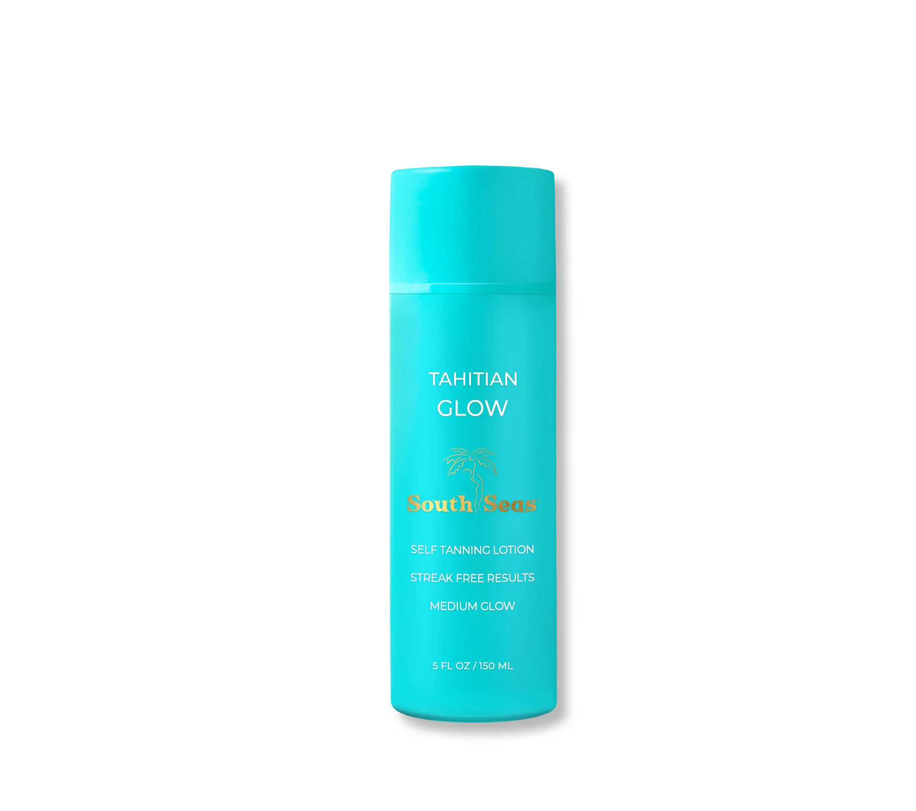 A turquoise bottle of Tahitian Glow 5oz self-tanning lotion by South Seas Skincare. The cylindrical container has a screw cap and features text that reads "Streak Free Results" and "Medium Glow." Infused with organic DHA for a natural, tropical tan, the bottle contains 5 fl oz (150 ml) of lotion.