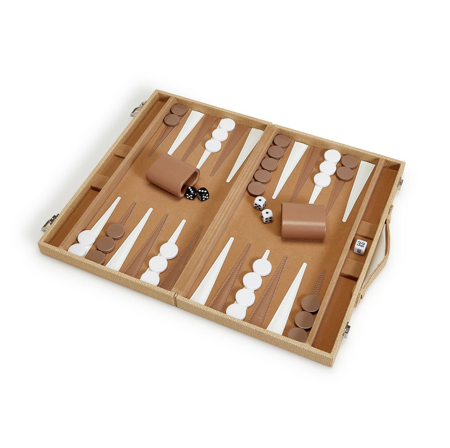 An open Terra Cane Backgammon Set by Two's Company with a beige leather case is shown. The playing pieces are brown and white, arranged on the board in classic style. Two dice and a doubling cube sit alongside two dice cups. The set, perfect for a relaxed Arizona bungalow, includes a carrying handle.