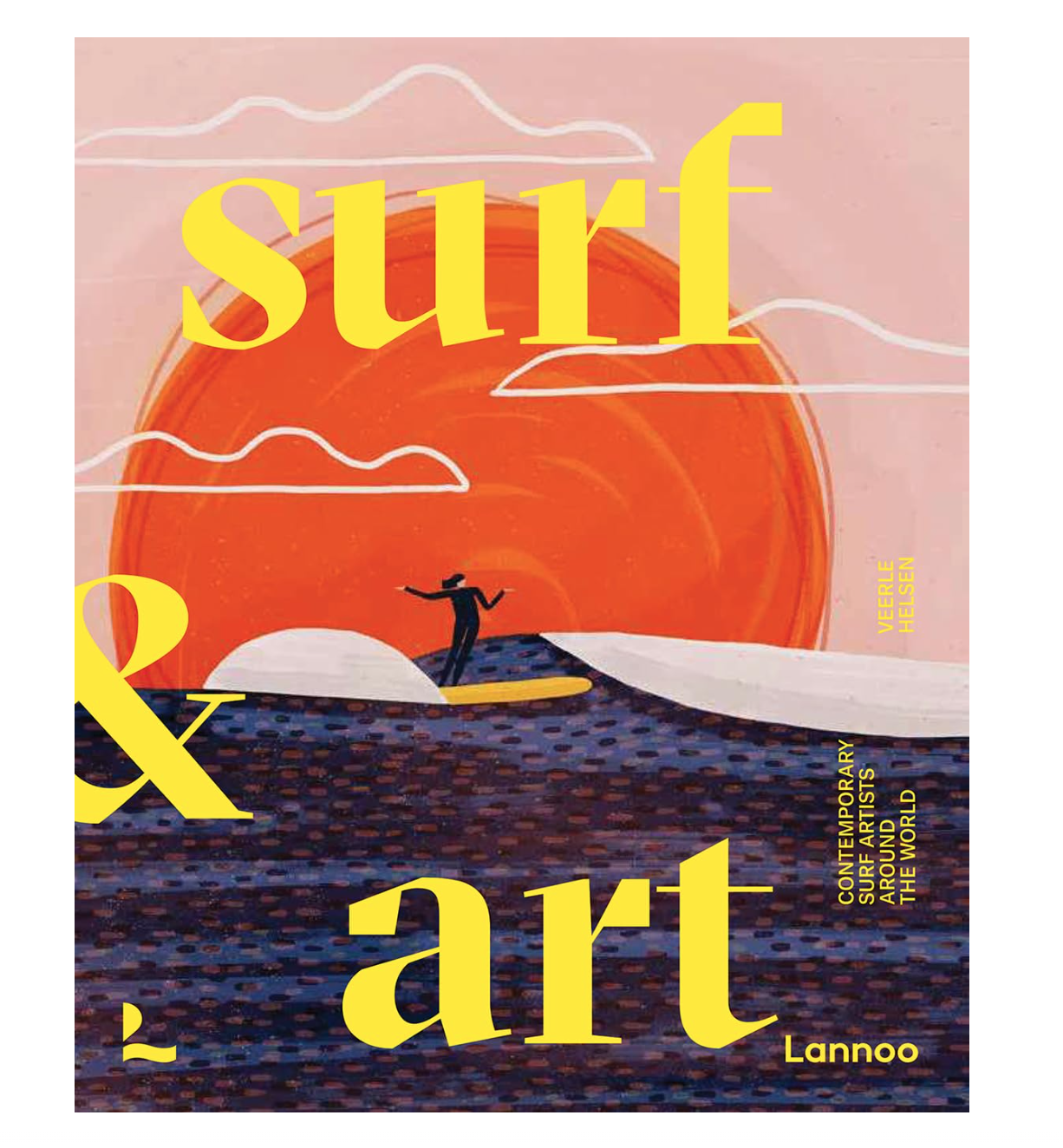 The book cover of &quot;Surf Art&quot; by National Book Network showcases a stylized illustration of an orange sun setting or rising over the ocean, with a surfer riding a wave—an homage to contemporary surf artists. The pinkish background with light clouds and dominant yellow text encapsulates the essence of surf life.