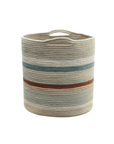 A round, woven storage basket with a multicolored striped pattern featuring shades of beige, blue, and rust. The Lorena Canals Basket Triplet has practical handles near the top for easy carrying and an open design for storing items.