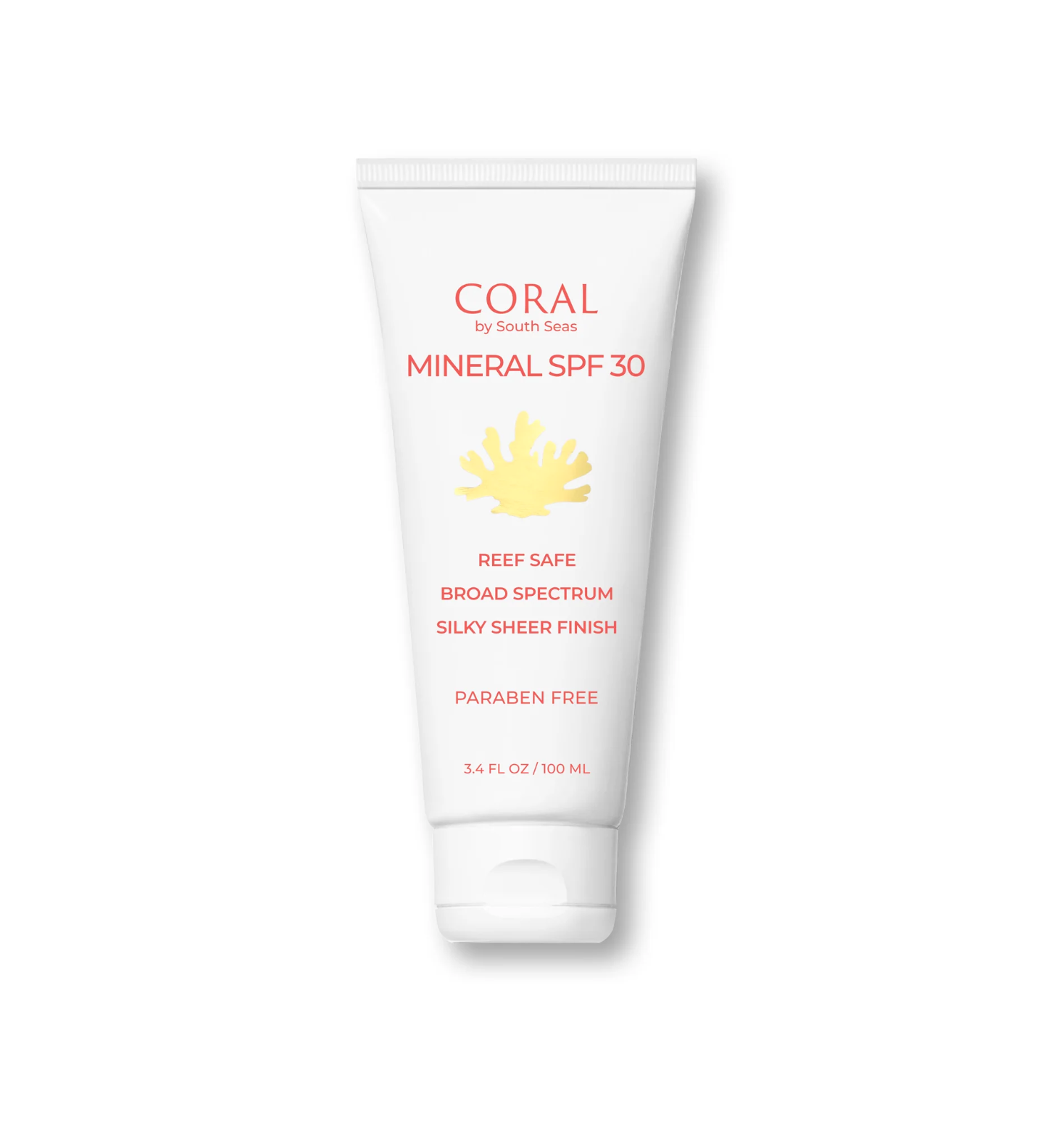 A white tube of Coral Mineral SPF 30 sunscreen by South Seas Skincare, featuring a yellow coral graphic and text highlighting its features: reef safe, broad spectrum protection, silky sheer finish, paraben free. The tube, perfect for maintaining a sunless tan, has a flip cap and contains 3.4 fl oz (100 ml).