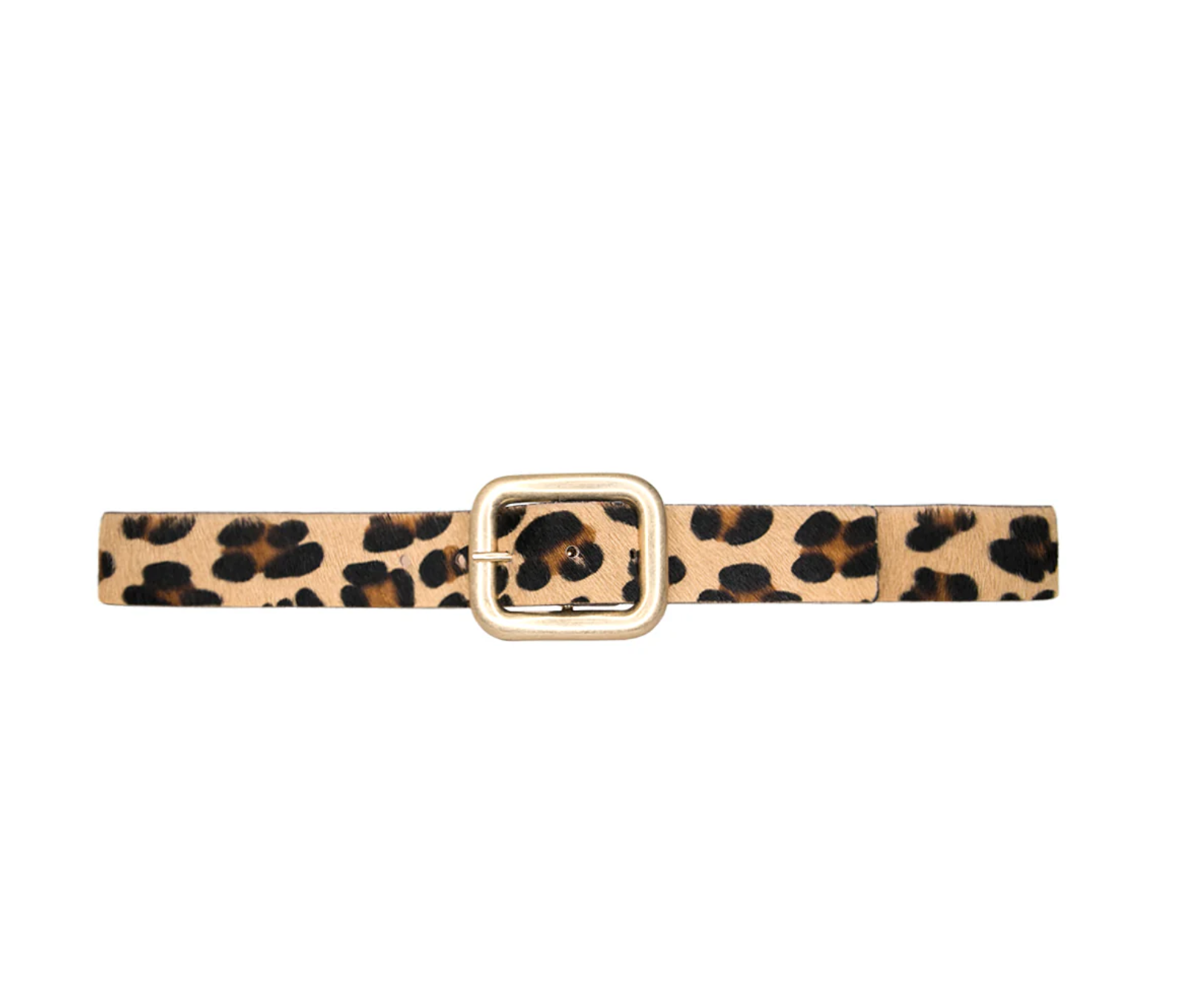 The Julianne Leopard Belt from Streets Ahead Inc, made of calf-hair leather, lies flat against a white background. It features an oblong-shaped gold buckle and a stylish leopard print pattern with black spots on a tan base.