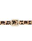 The Julianne Leopard Belt from Streets Ahead Inc, made of calf-hair leather, lies flat against a white background. It features an oblong-shaped gold buckle and a stylish leopard print pattern with black spots on a tan base.