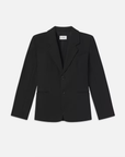 The Grandfather Blazer by Frame La Brands is a black, tailored blazer for women featuring a notched lapel and two buttons. This vintage-inspired piece has long sleeves and subtle horizontal seam details near the waist, exuding classic charm. The blazer is displayed against a white background.