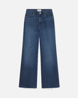 The Le Slim Palazzo Raw After by Frame La Brands features a pair of dark blue denim wide-leg jeans with a high-rise waist, front button and zipper closure, belt loops, front and back pockets, and raw frayed hems. Crafted from stretch cotton modal for added comfort.