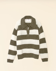 Introducing the Benton Sweater by Xirena, a long-sleeve baby alpaca blend sweater with a horizontal stripe pattern. Alternating between wide olive green and white stripes, this collegiate-inspired polo sweater features button-down collar details for added style against a plain, light beige background.