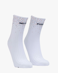 Introducing "The Half Step" by Mother, a pair of white ribbed tube socks adorned with pink and silver rhinestones near the top. These eye-catching socks feature the bold statement "MOTHER" displayed on one sock and "FUCKER" on the other, in striking black letters just below the rhinestones.