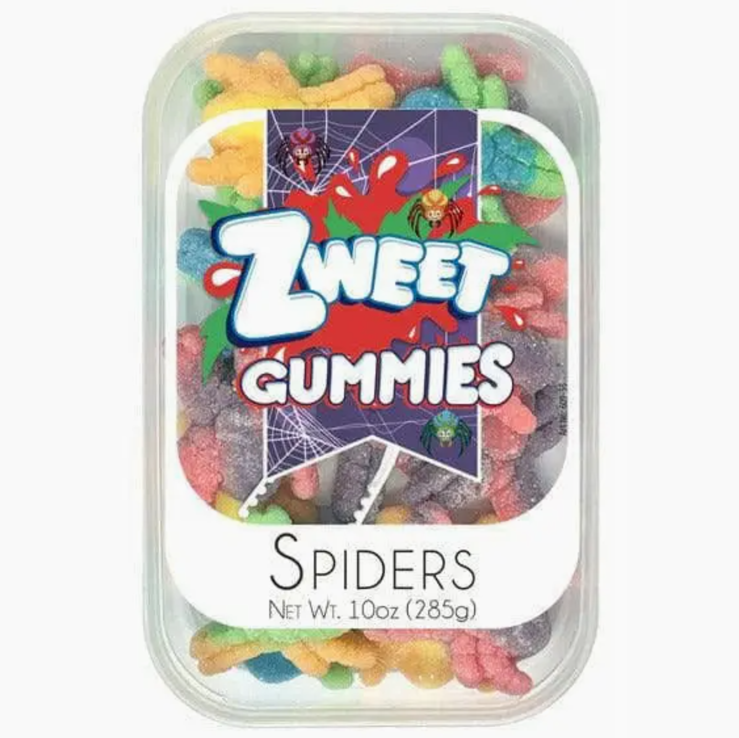 A container of Faire&#39;s Halloween Gummies labeled &quot;Spiders,&quot; with a net weight of 10 oz (285g). The packaging showcases colorful gummy spiders in various shades, like red, green, blue, and purple. Enjoy the fruity flavor in this shareable batch as spiderweb graphics and small illustrations adorn the background.