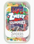 A container of Faire's Halloween Gummies labeled "Spiders," with a net weight of 10 oz (285g). The packaging showcases colorful gummy spiders in various shades, like red, green, blue, and purple. Enjoy the fruity flavor in this shareable batch as spiderweb graphics and small illustrations adorn the background.