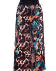 The Le Superbe Electric Garden Pleated Skirt showcases a stunning blend of mixed floral and leopard print patterns in vibrant hues of pink, blue, orange, and black. It features a structured black waistband and falls gracefully below the knee.