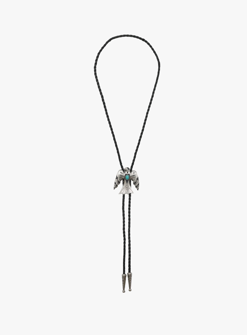 The "Be On The Look Out" by Mother is a black braided bolo tie with a silver bird silhouette slide and faux turquoise stone detail, featuring silver-tipped ends, set against a plain white background.