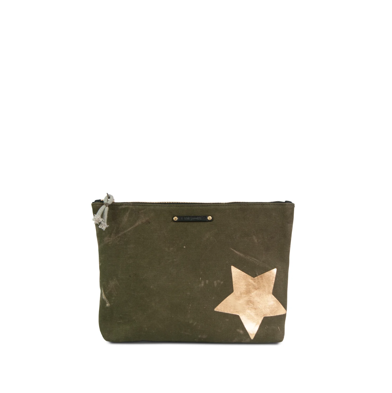 The Army Gold Star Pouch by Kempton & Co. is made from upcycled canvas, showcasing a green color with a distressed look. It has a zipper closure for security and is embellished with a single gold star at the bottom right corner, enhancing its unique charm.