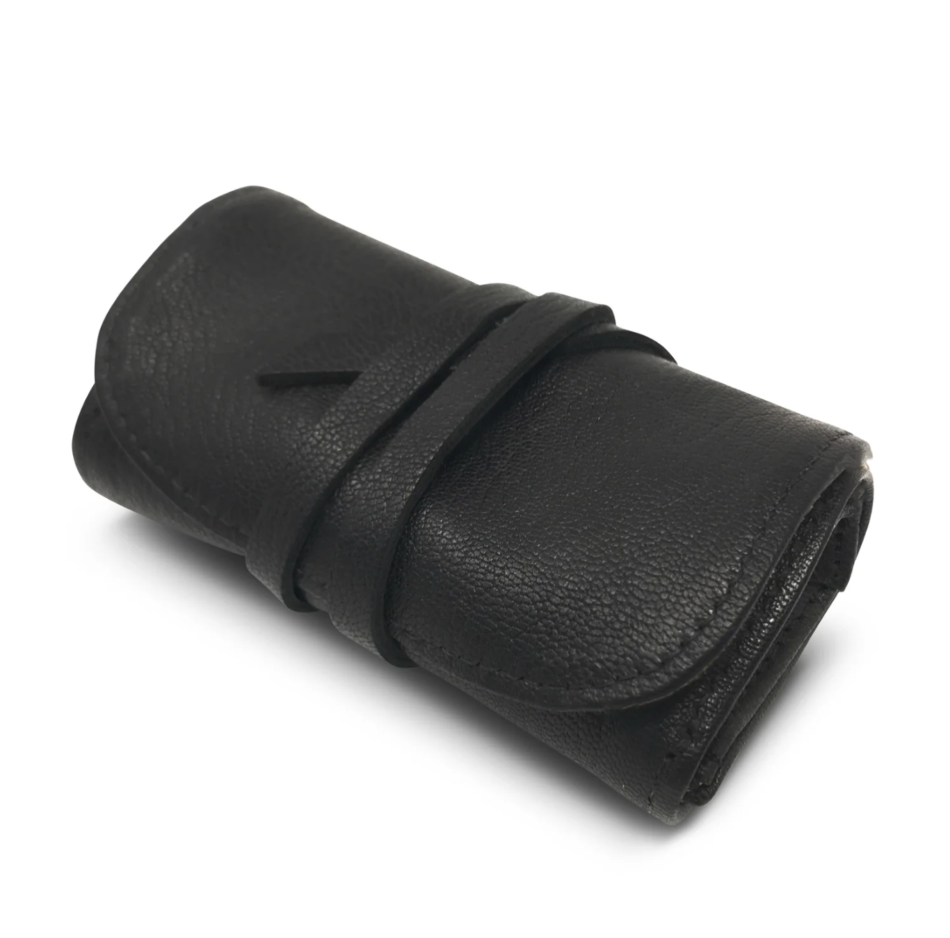 The Black Leather Jewelry Roll by Kempton & Co. is a handmade cowhide pouch with a smooth texture, secured by a matching leather strap. With meticulously stitched edges, this compact roll is ideal for organizing jewelry or storing small tools.