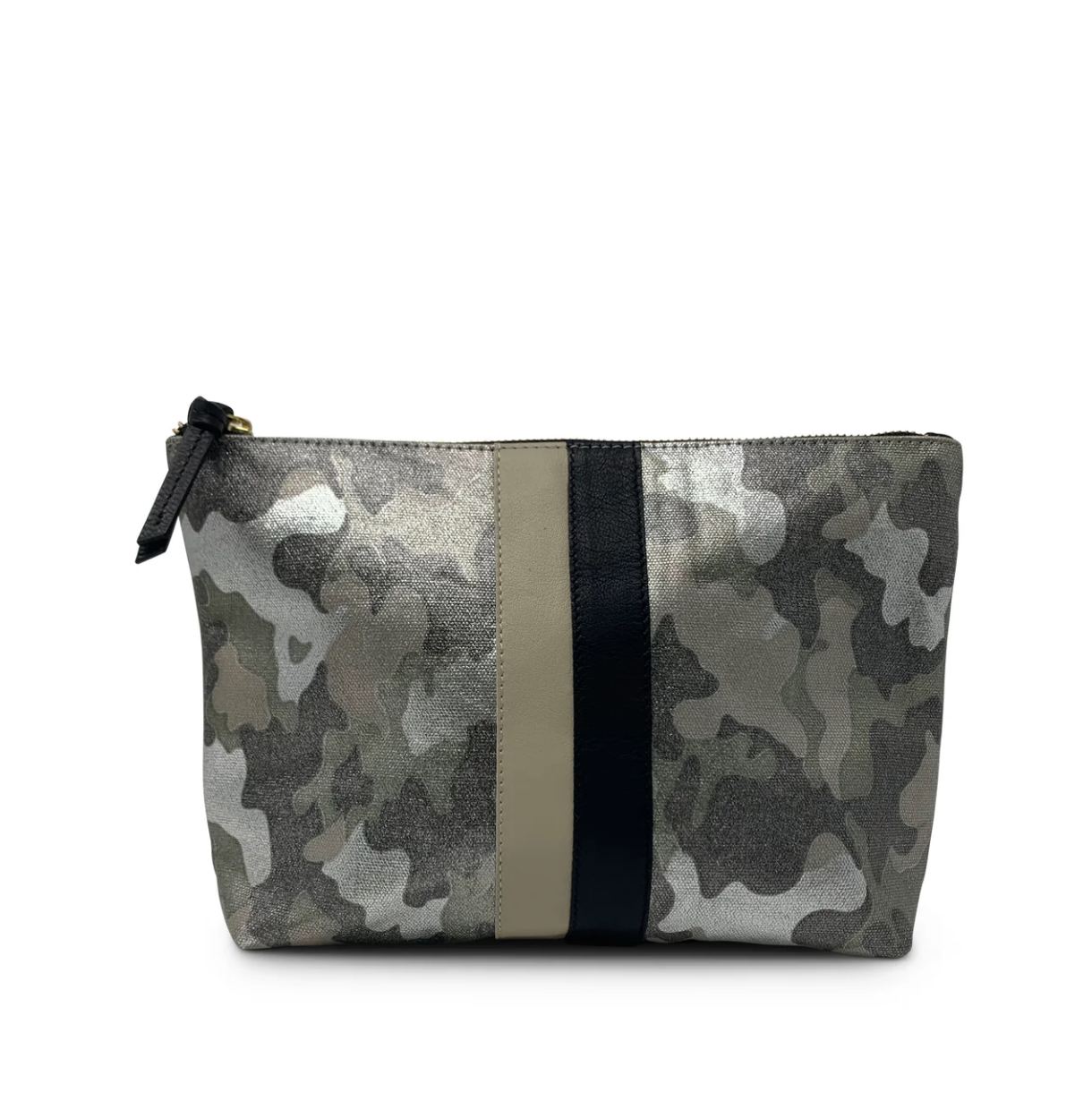 Introducing the Metallic Camo Canvas Pouch by Kempton & Co.: This stylish rectangular clutch bag showcases a metallic camo canvas design in elegant shades of gray and brown. It features a striking vertical cowhide leather stripe alongside a wider black stripe and is completed with a convenient black zipper at the top, finished with an easy-to-use pull tab.