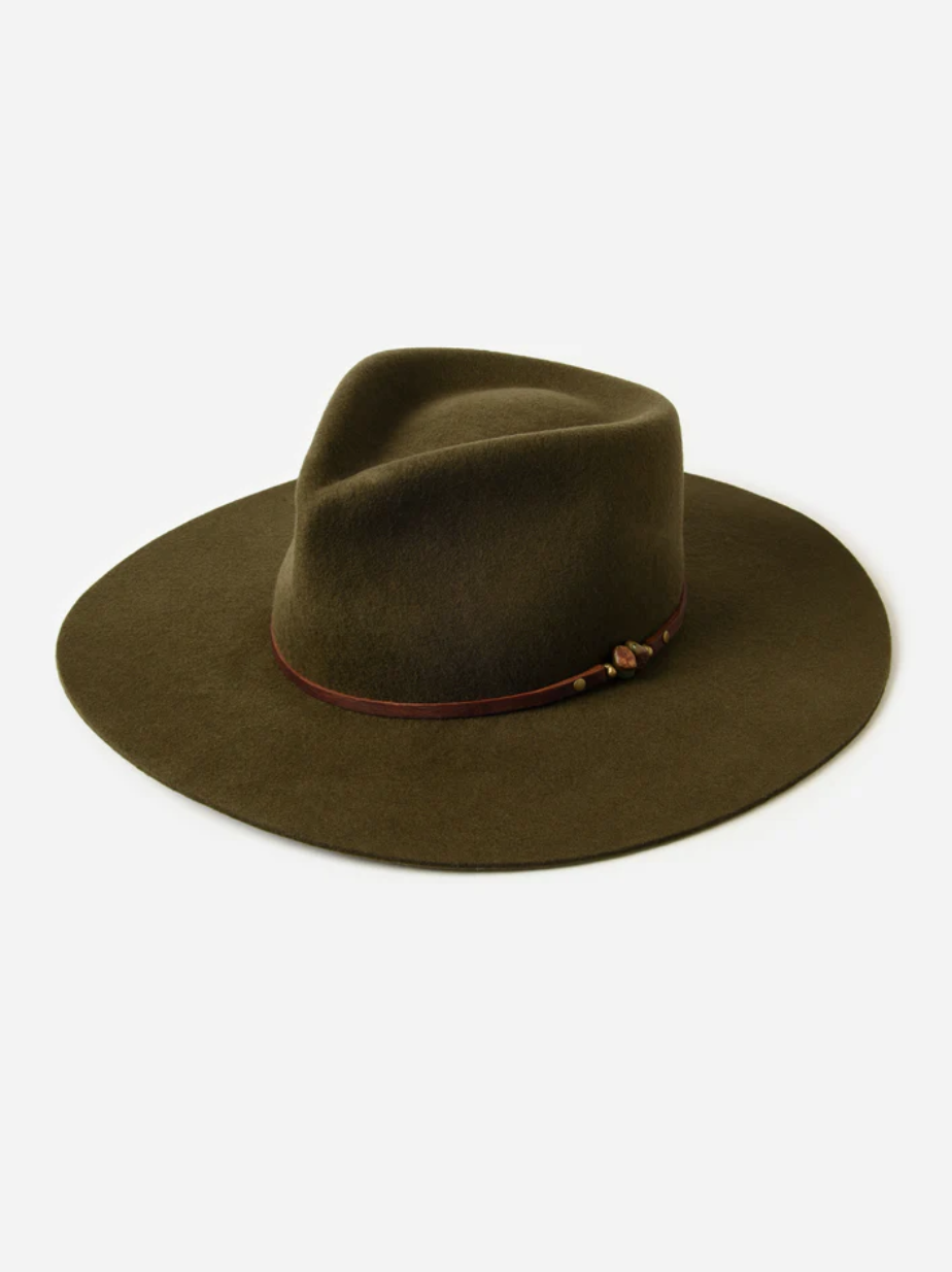 Introducing the Bradley Hickory Felt Hat by Ninakuru: This hand-crafted accessory features a wide-brimmed, deep olive green felt made from virgin wool. It is enhanced with a subtle red leather band adorned with decorative beads. The hat showcases a classic, slightly creased crown and has a smooth texture, all set against a plain white background.